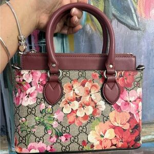 Gucci Floral Canvas Satchel with Burgundy Leather